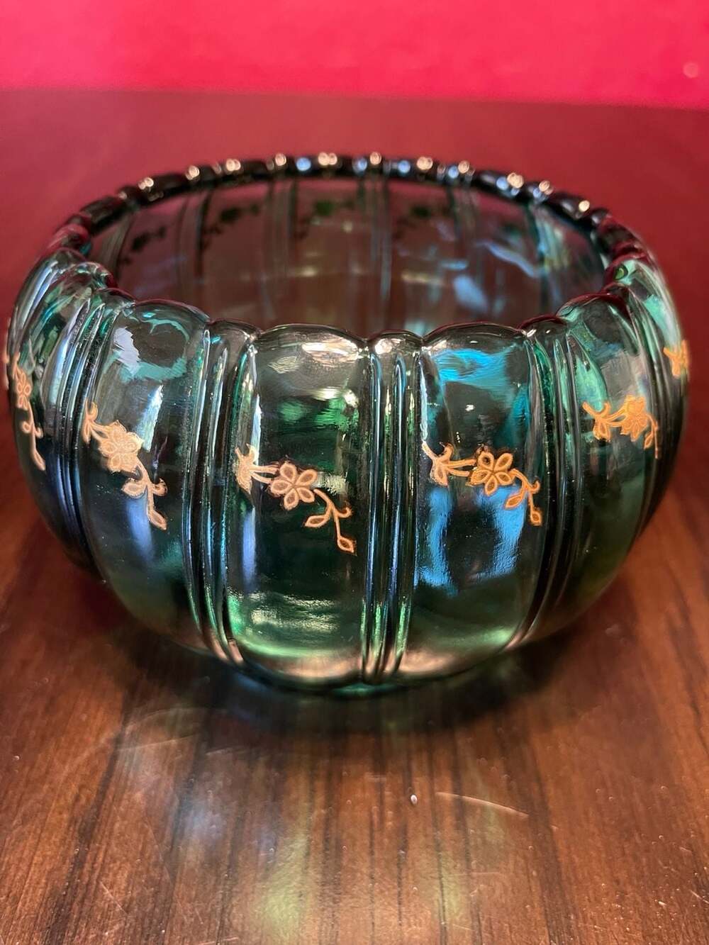 Fenton Art Glass Spruce Green Ribbed Rose Bowl Painted Gold Flowers